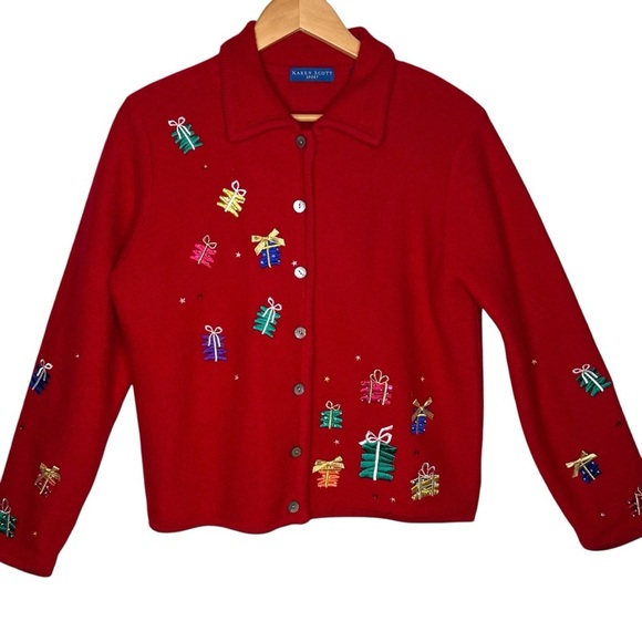 Karen Scott Red Wool Embroidered Holiday Gifts Bows Button Cardigan Sweater Med - Picture 4 of 14